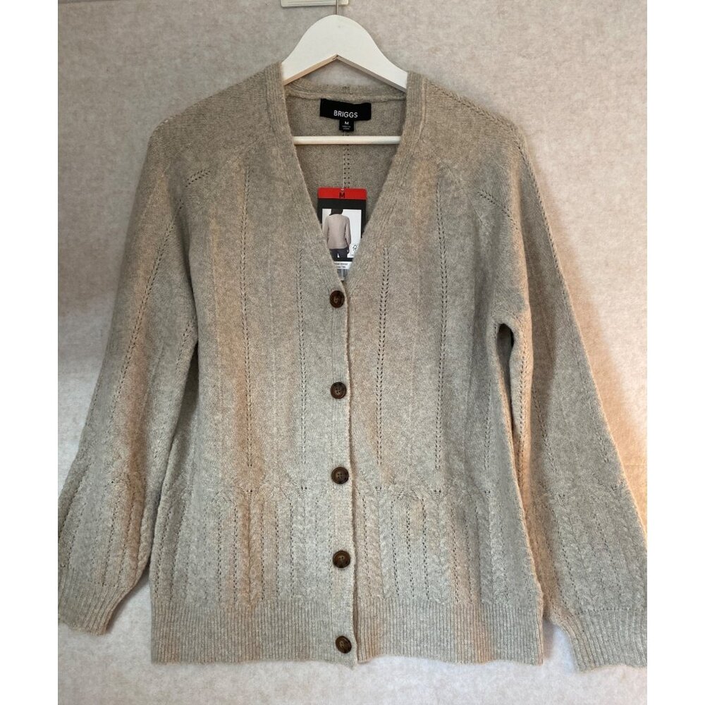 Briggs Beige Button-Up Cardigan Sweater M Women Soft Ribbed Fabric Brown Buttons